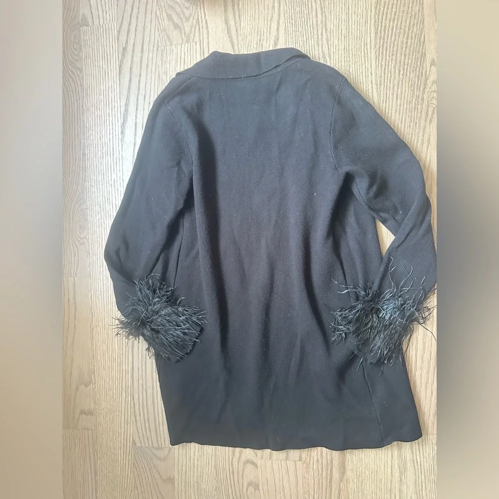Sioni Black Longline Open Front Feather Cuff Knit Cardigan Sweater Blazer